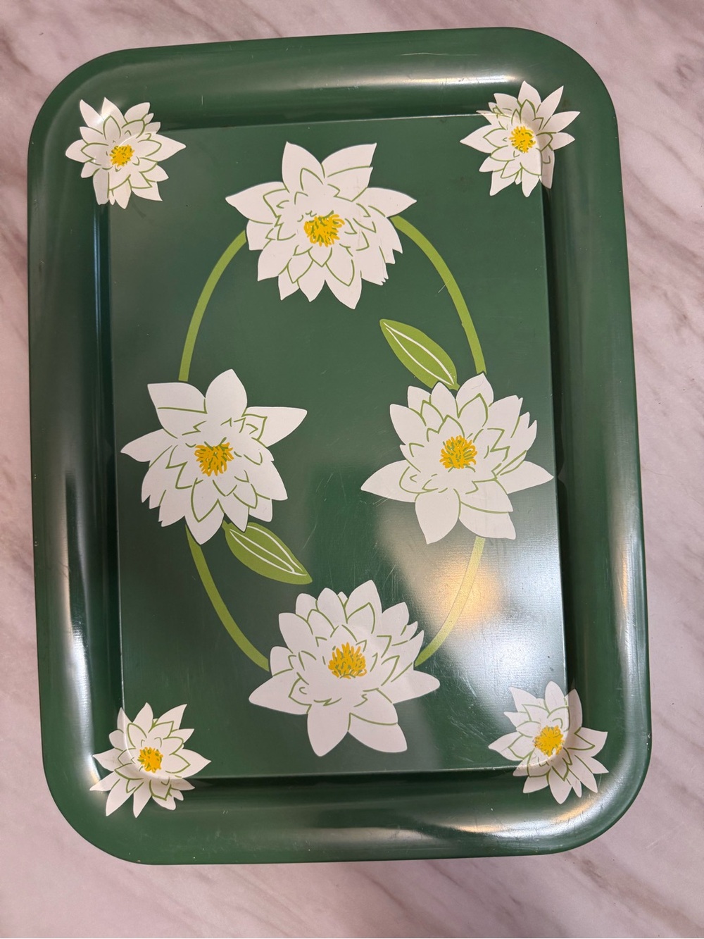 1940’s Vintage Green Tin Metal Floral Rectangular Serving Tray 17 3/4” QTY 3